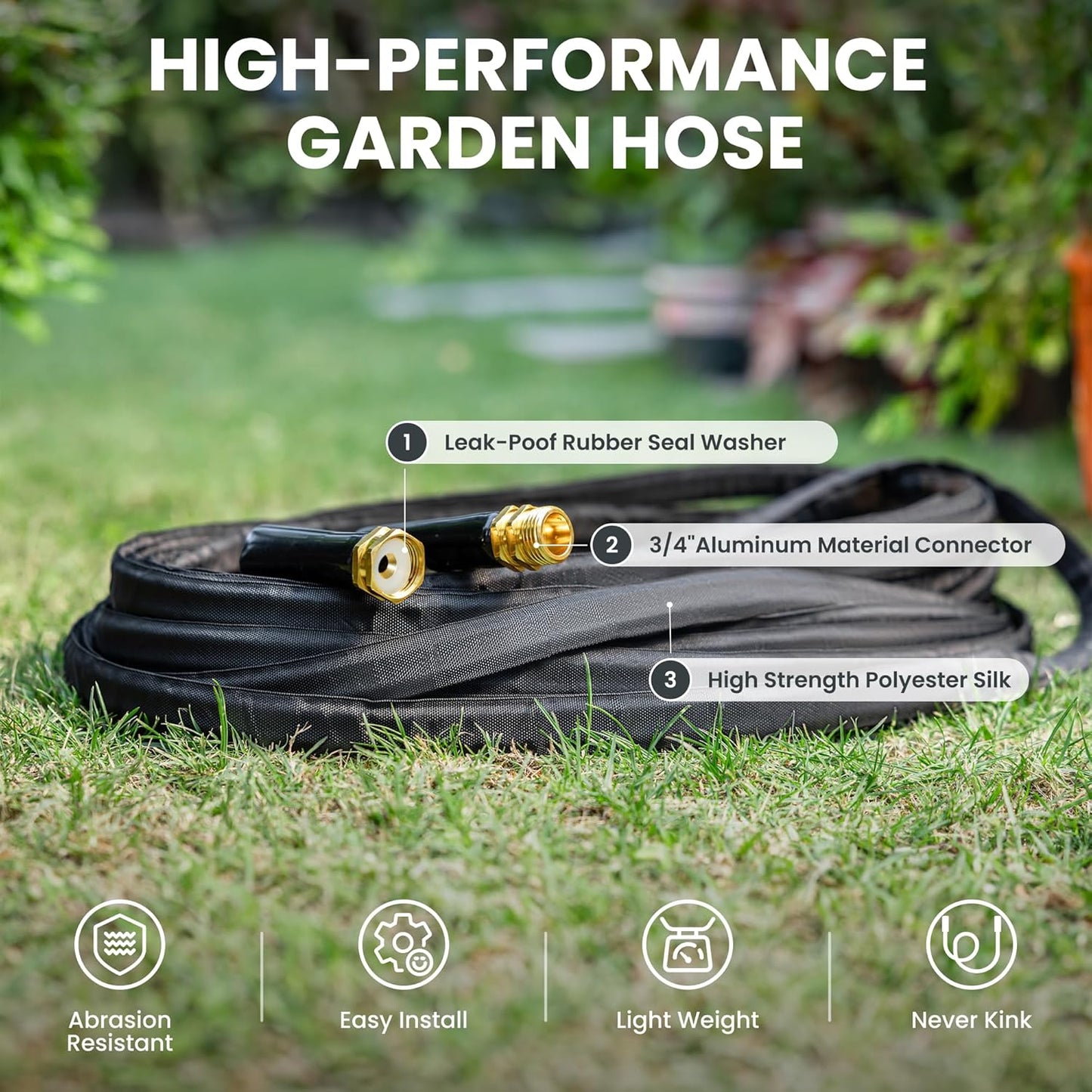 Giraffe Tools Garden Hose 50FT Lightweight Lay Flat Water Hose Kink Free Flexible Hose with 9 Spray Function Nozzle, Black