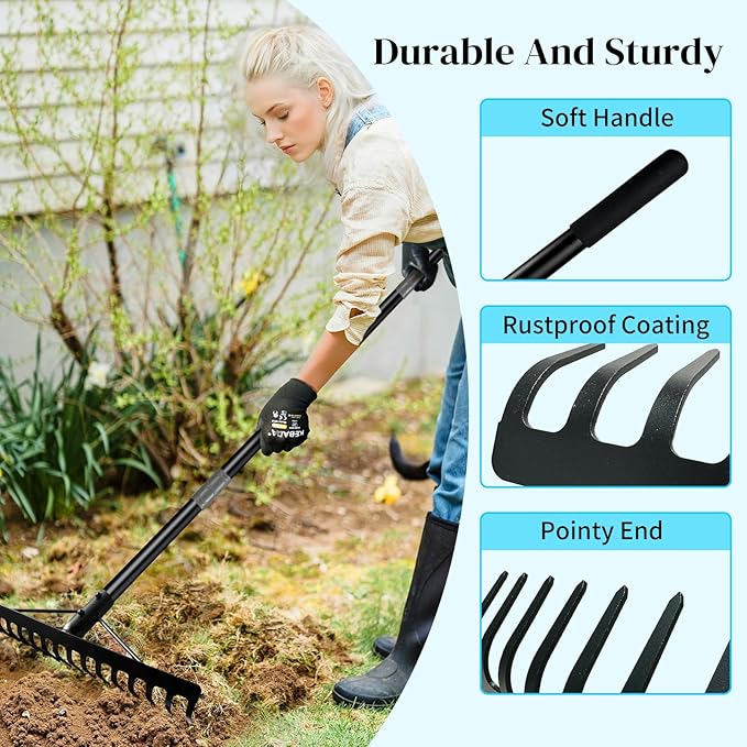 Heavy Duty Bow Rake with Stainless Steel Handle for Farming Land Management Leaf Gathering Durable Ergonomic Garden Tool with 16 Tine Head 63 Inch Assemble Long Shaft Suitable for Large Areas