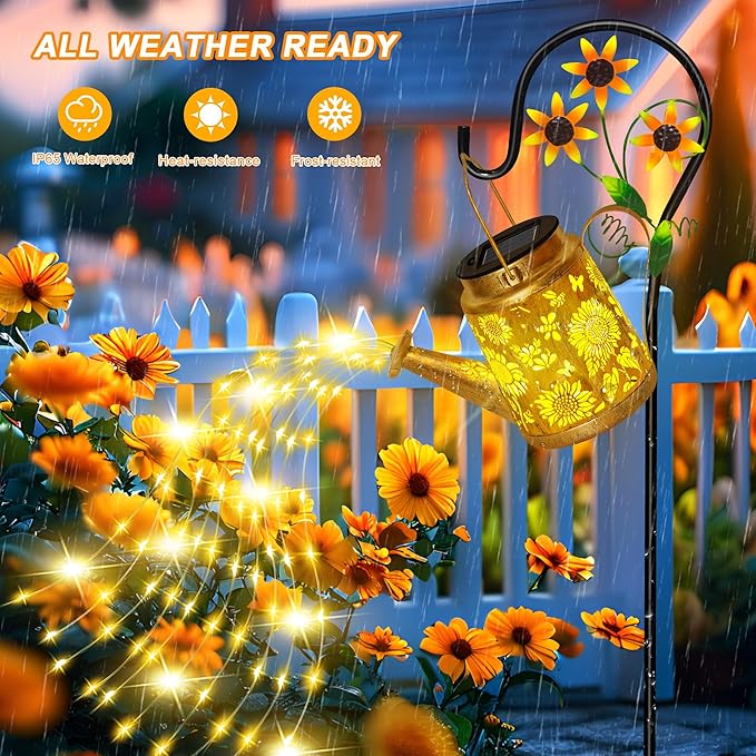 Solar Watering Can Lights Outdoor Garden Decor, Large Sunflower Hanging Lantern with Shepherd Hook, Yellow LED, Gold Finish, Floral Theme, Outdoor Decoration, Parties, Occasions