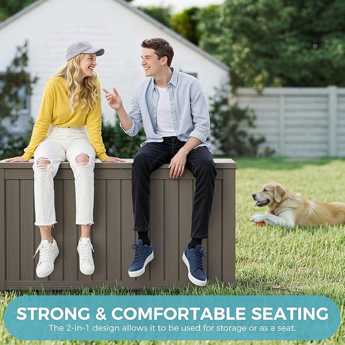 KAMABOKO Outdoor Storage Box, 150 Gallon Large Outdoor Resin Deck Box, Storage Waterproof Boxes Lockable Lid for Garden Tools, Pool Supplies, Patio Furniture and Cushions, Grey