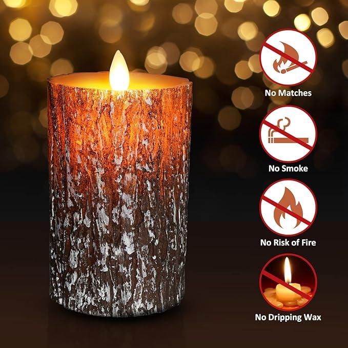 JOSU LED Flameless Candles Pine Bark Effect, Battery Operated Candles with Remote Control, LED Fake Candles, 4" 5" 6" Pack of 3, for Wedding Decor, Table Decor, Home Decoration Gifts (Pine Bark)