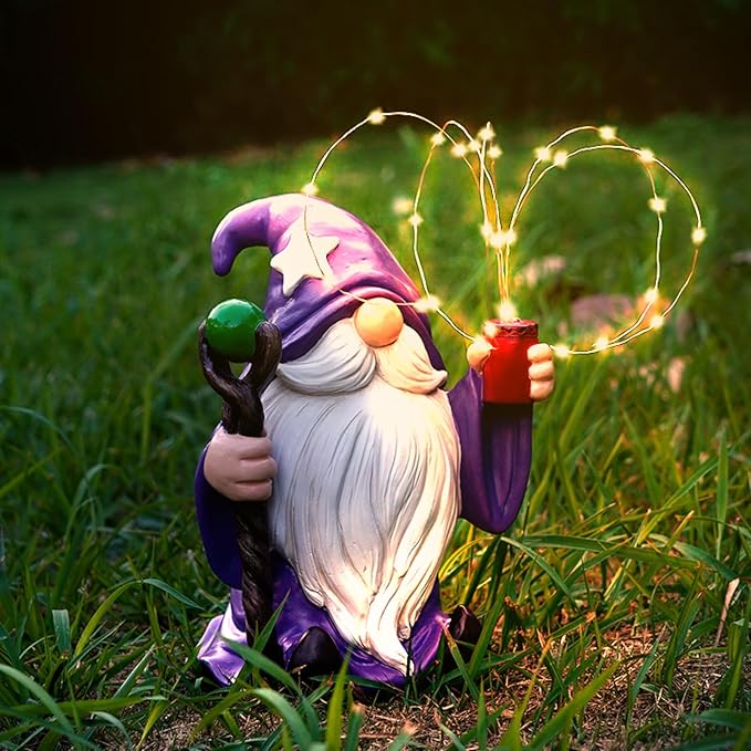 Resin Gnome Statue Outdoor Decor Waterproof Firework Solar LED Lights Gnome Garden Sculpture Decorations for Outside Lawn Patio Yard Ornament Gifts (Gnome)