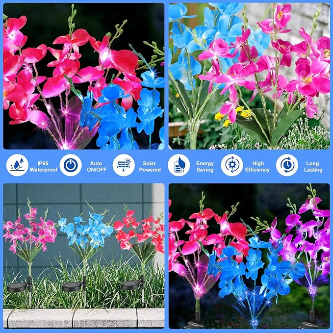 Solar Garden Lights, Solar Lights Outdoor Waterproof with Phalaenopsis Flower, 3 Pack Solar Powered Outdoor Lights,Garden Lights for Outside,Pathway Patio Yard Decor,Gifts for Mothers Day Mom Women