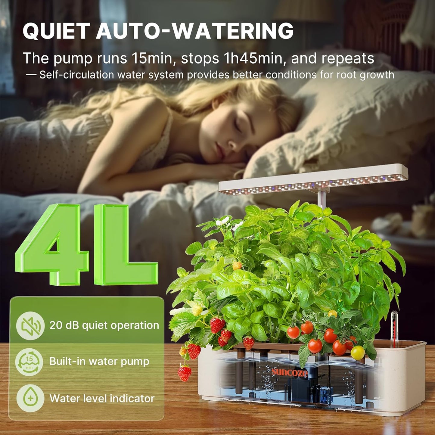 SUNCOZE Hydroponics Growing System Kit 12 Pods, 24W LED Grow Light Indoor Garden, 4L Water Tank with Quiet Pump, Adjustable Height Herb Garden Planter Indoor Kit, Gardening Gifts, Beige