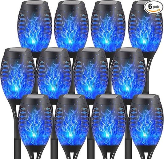 12-Pack Blue Solar Flickering Flame Torches – Waterproof Solar Garden Lights, Outdoor Solar Lights for Yards, and Flame Torches for Patio and Pathway Decorations