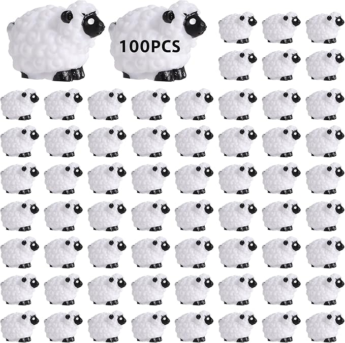 100Pcs Mini White Sheep Figurines, Miniature Resin Sheep Figurines, Mini Cute Resin White Sheep Ornaments, Little Outdoor Moss Landscape Figurines, Tiny Fairy Garden Animal Cake Toppers