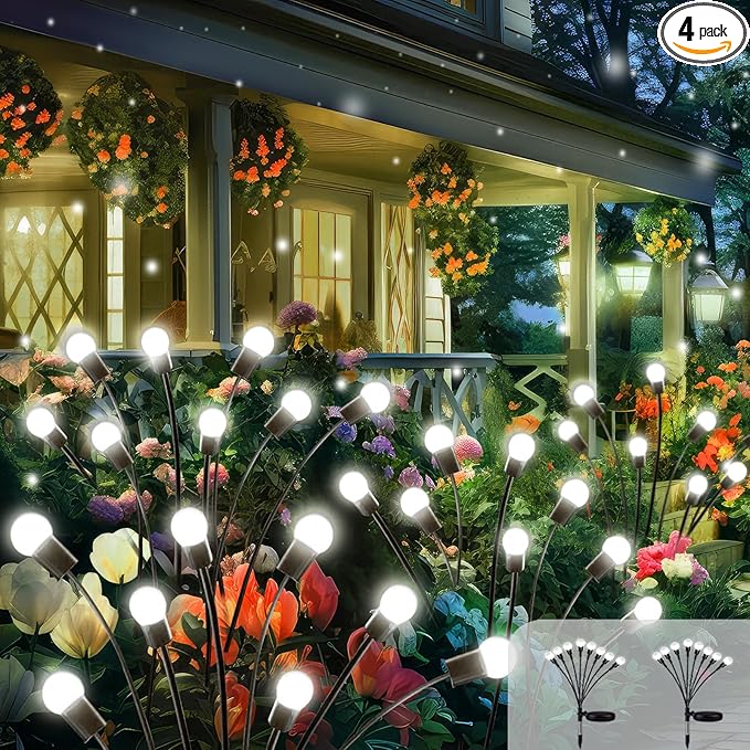 2025 Solar Lights Outdoor Waterproof, 4 Pack Solar Garden Lights, Solar Firefly Lights Outdoor Waterproof, Solar Twinkle Swaying Fairy Light for Yard Patio Pathway Garden Decoration (Cool White)