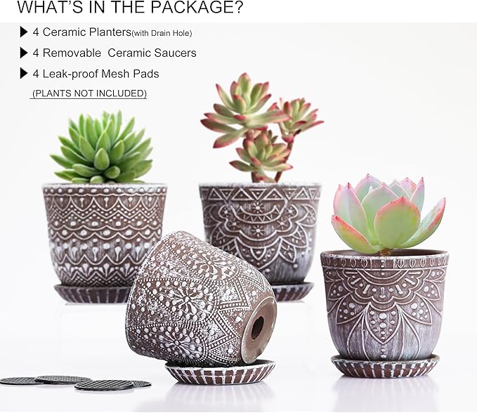 Gepege Succulent Pots, 4 Inch Small Indoor Ceramic Planter Pot with Drainage Holes and Saucers for Plants - Set of 4