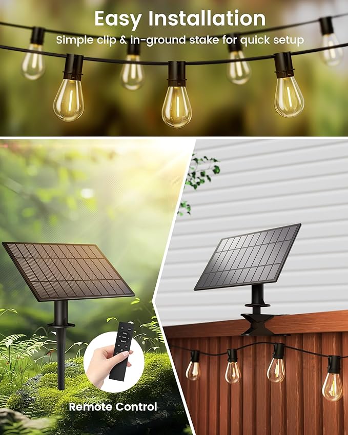 Solar Powered 150FT Outdoor String Lights 35+2 LED Bulbs Waterproof Shatterproof Remote Control Dimmable Extra Long Hanging Lights for Large Yard Deck Market Cafe Event Lighting