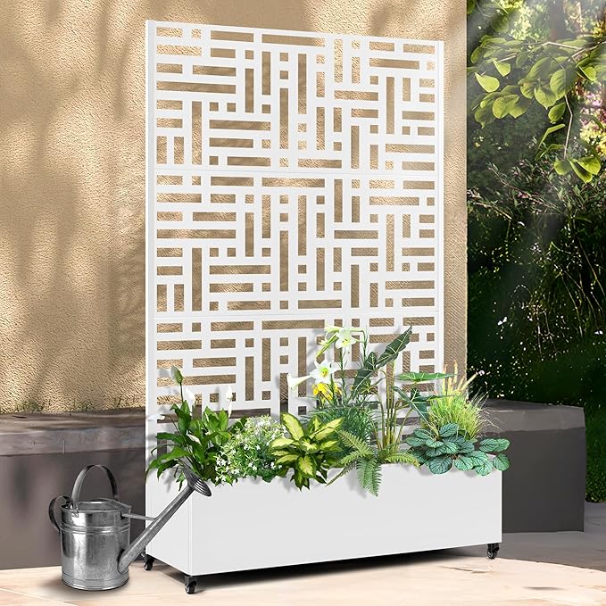 Raised Garden Bed with Trellis and Wheels,73"x47"x16" Metal Raised Garden Bed,White Modern Metal Planter with Climbing Trellis for Vines & Vegetables