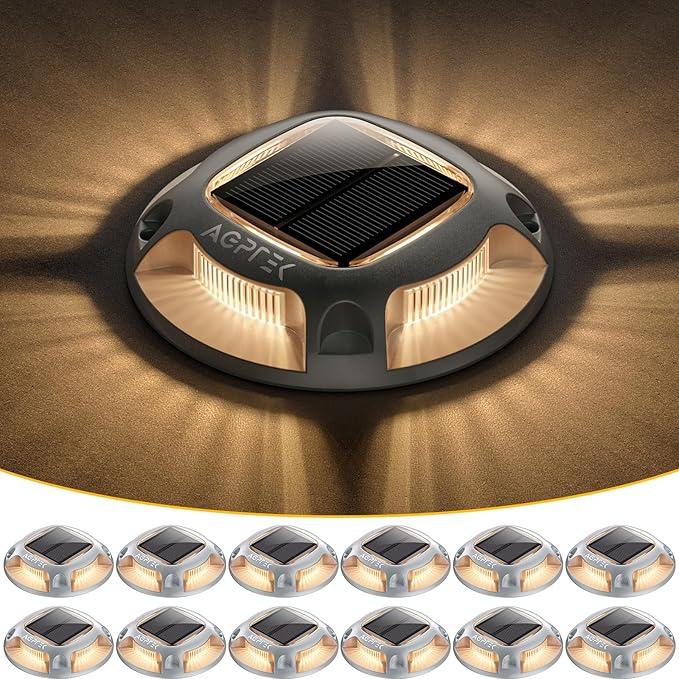 AGPTEK Solar Driveway Lights 12 Pack, 2 Colors in 1 Outdoor Solar Deck Dock Marine Waterproof LED Driveway Marker Security Lights for Outside Pathway,Boat Dock,Step,Walkway,Path,Garden (Warm & White)