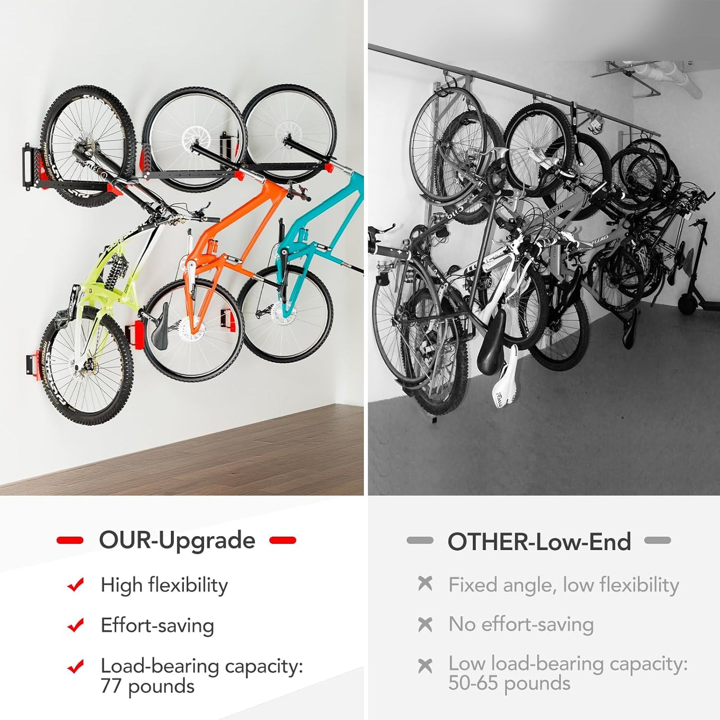 3-Pack Swivel Bike Rack Wall Mount, Bike Hangers for Garage, Space-Saving Vertical Bike Holder, Holds up to 77 lbs, Bicycle Wall Hanger Storage, No Heavy Lifting Required Indoor Hanging Bike Rack-Red