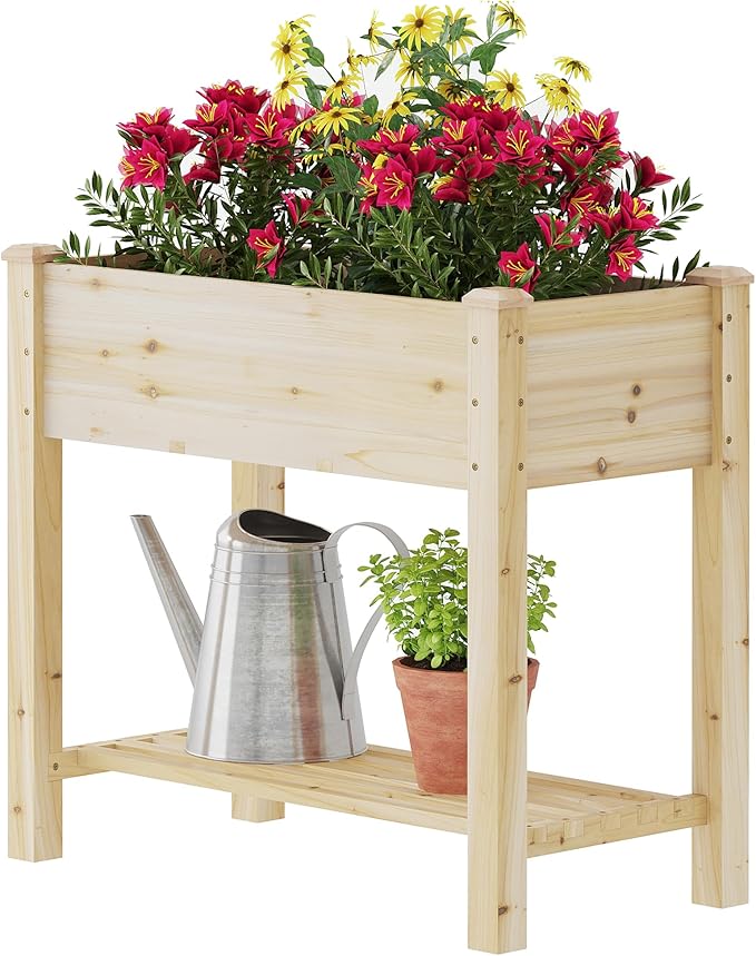 GHWIE Raised Garden Bed with Legs, Elevated Wooden Planter Box with Shelf,Large Garden Planter Outdoor for Backyard, Patio, Balcony