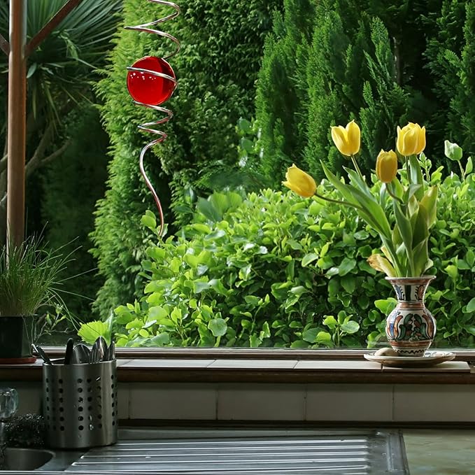 Gazing Ball Spiral Decorative Wind Spinner Sun Catcher 11inch Tail and 2 inch Glass Orb. Indoor Outdoor Garden Decoration Wind Sculptures Wind Spinner Tail-13 inch Height (red)