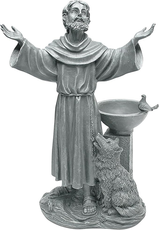 Design Toscano Francis of Assisi Blessing Religious Garden Decor Statue with Bird Bath Feeder, 19 inches Tall, Cast Stone Resin, Gray Stone Finish