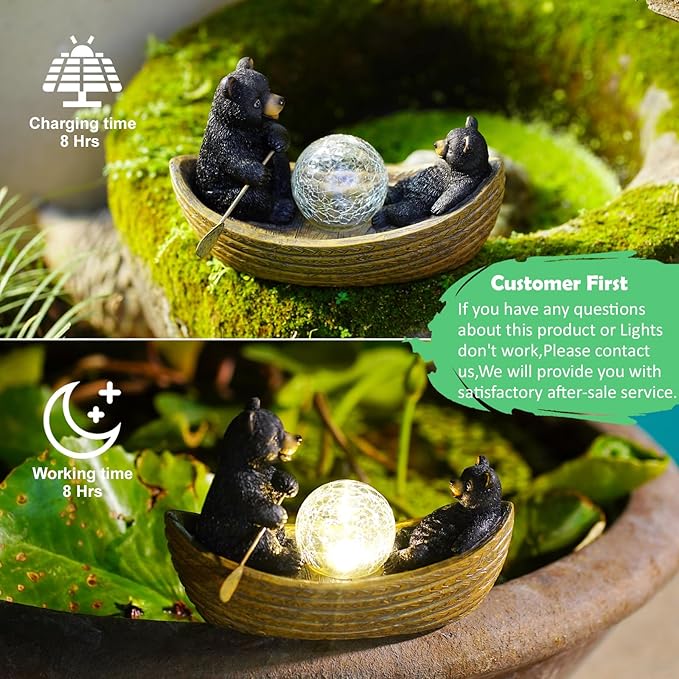 Solar Bears Boating Statues with Cracked Glass LED Lights – Funny Resin Bear Decor Garden Decorations for Patio,Balcony,Yard,Birthday Gifts for Women Mom