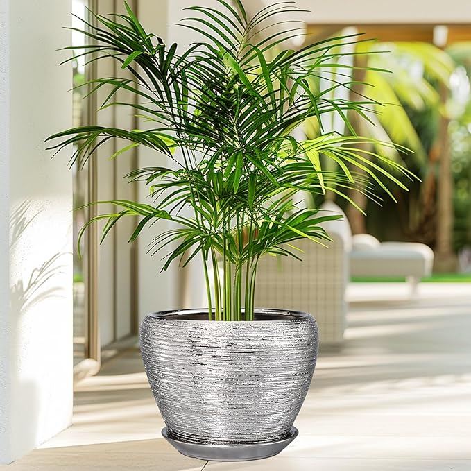 Pot for Plants 8 Inch - Ceramic Plant Pot Indoor with Drainage Hole and Saucer Decorative Planter for Indoor Plants Modern Round Flower Pot for Home Decor Silver