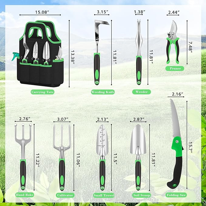 WNJ Garden Tool Set, 14PCS Complete Set of Heavy-Duty Stainless Steel Gardening Hand Tools with Stylish and Durable Tool Bag and Non-Slip Rubber Grips, Ideal Gardening Kit Gift for Women and Men