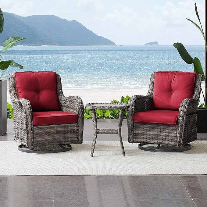 Outdoor Swivel Rocker Wicker Chairs Set of 3, High Back Swivel Patio Chairs Wicker Furniture Set, 2 PCS Rattan Swivel Rocking Chair with Side Table, Red Cushion