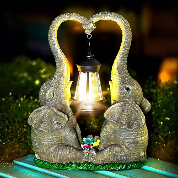 Elephant Statue Easter Garden Decor with LED Solar Lights-Set of 2 Good Luck Elephant Outdoor Statue Christmas Decorations for Yard Patio,Porch,Home -Mothers Day Gifts for Women, Mom, Grandma