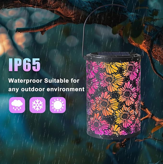 Solar-Powered Iron Art Lantern - Two Lighting Modes Waterproof Hanging Ambiance Lighting for Gardens & Patios, Perfect as Decorative Gift Housewarming Gift Mom Gifts (Flower)