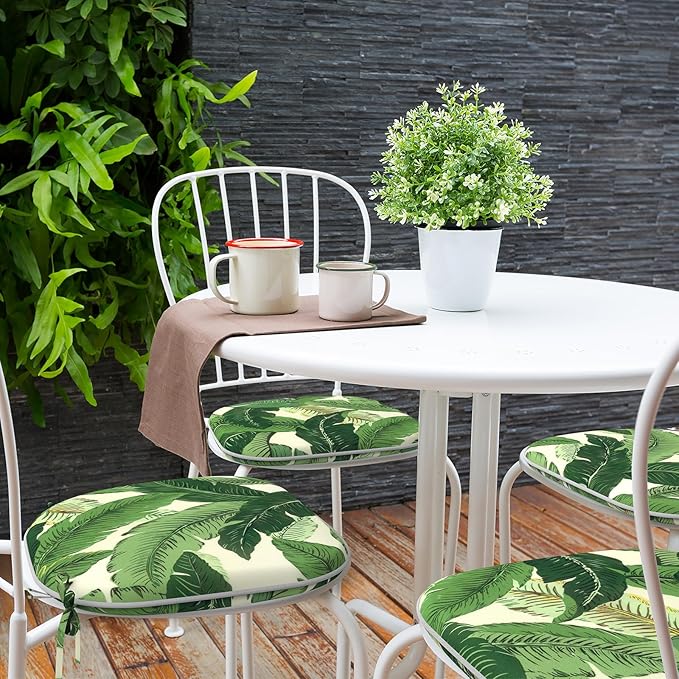 Indoor/Outdoor Chair Cushions 16x17 Inch, Patio Chair Cushions with Ties, All Weather Seat Cushions for Patio Furniture Home Garden Chair Use, Set of 2, Swaying Palms Green