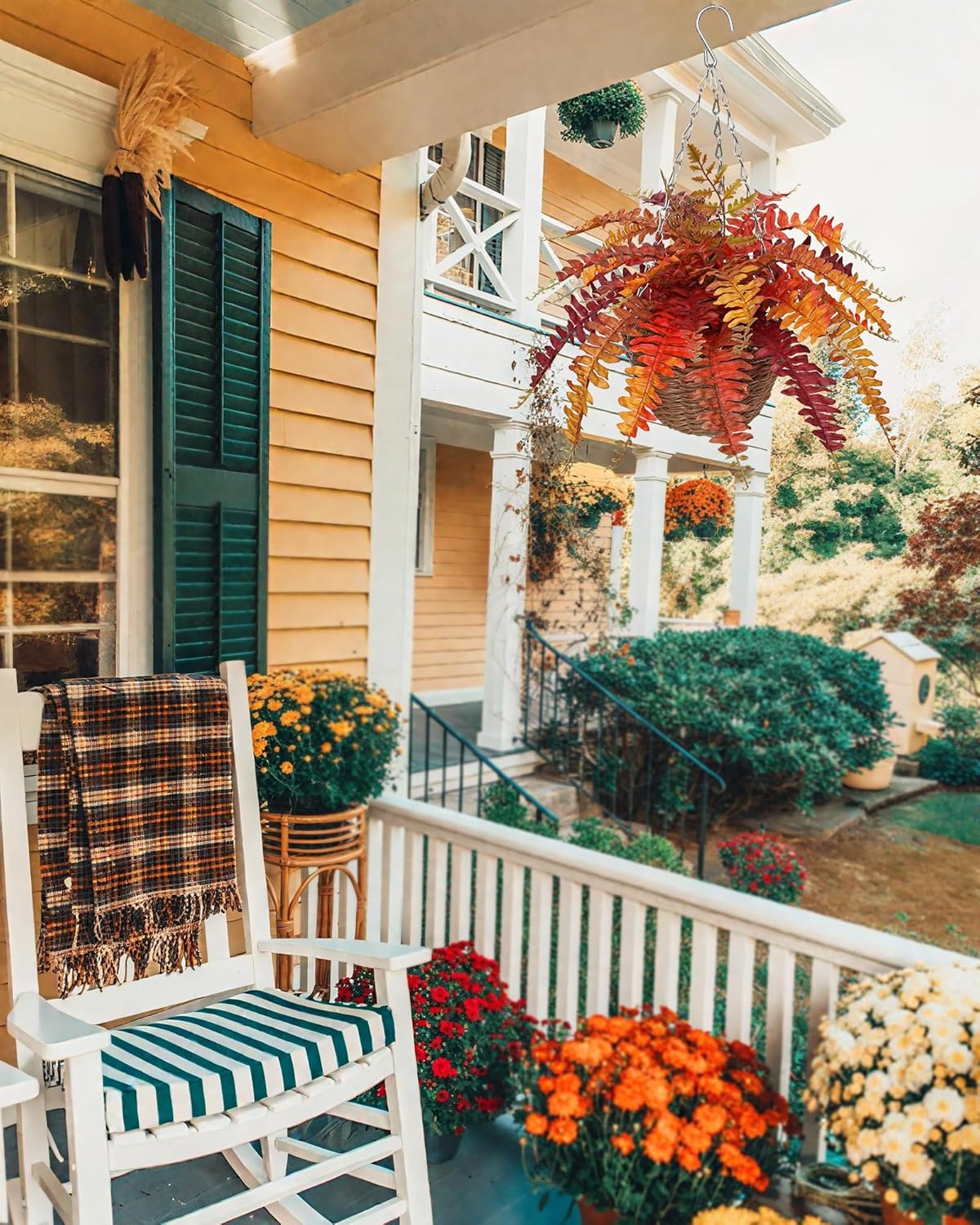 Hollyone Fall Hanging Baskets Small Artificial Fern Orange 21 Leaves Fall Hanging Decor Plant Boston Ferns Silk Plants with Brown Rattan Baskets Outdoors Indoor Fake Fern Autumn Decorations for Home