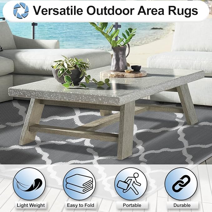 OutdoorLines Outdoor Plastic Area Rugs for Patio 5x8 ft - Reversible Outside Carpet, Stain & UV Resistant RV Mats, Straw Rug for Camping, Deck Garden, Porch and Balcony, Moroccan Grey & Light Grey