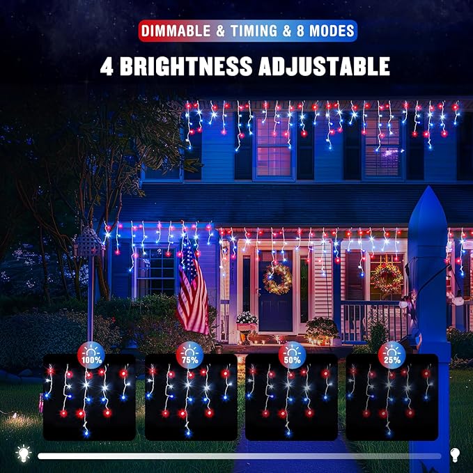 JMEXSUSS Icicle Lights for 4th of July Decor, 400 LED Red White and Blue Icicle Lights for Outside, 38.8 Ft Independence Day Icicle String Lights Indoor Outdoor Holiday Christmas American Flag Decor