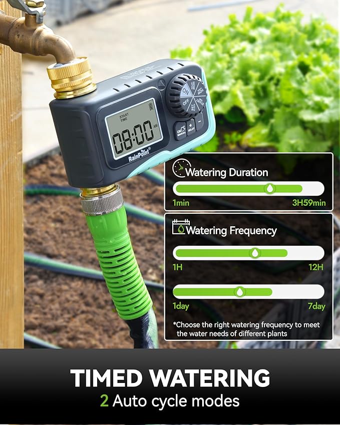 RAINPOINT Sprinkler Timer, 100% Metal Water Pipe Water Timer for Garden Hose, Programmable Hose Controller with Manual Watering/Rain Delay, Automatic Drip Irrigation System for Lawn, 1 Outlet