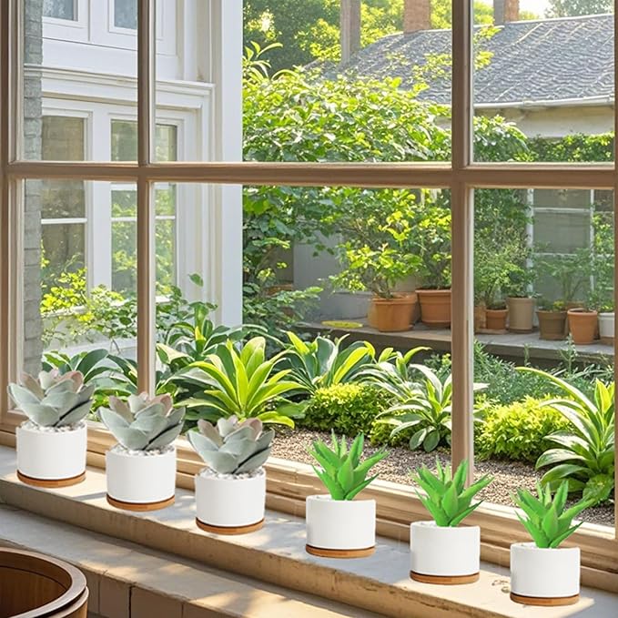 ZOUTOG Succulent Planter, White Mini 3.15 inch Ceramic Flower Planter Pot with Bamboo Tray, Pack of 4 - Plants Not Included