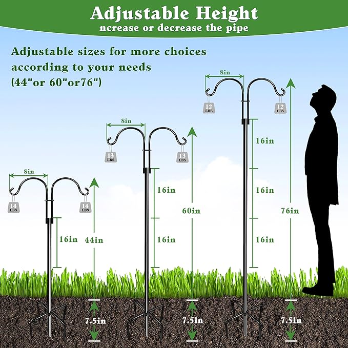 Double Shepherds Hooks for Outdoor (1Pack,76 inch) Heavy Duty Adjustable Bird Feeder Pole Garden Decor Shepherds Hook for Hanging Bird Feeder, Plant Baskets, Hummingbird Feeder for Outside