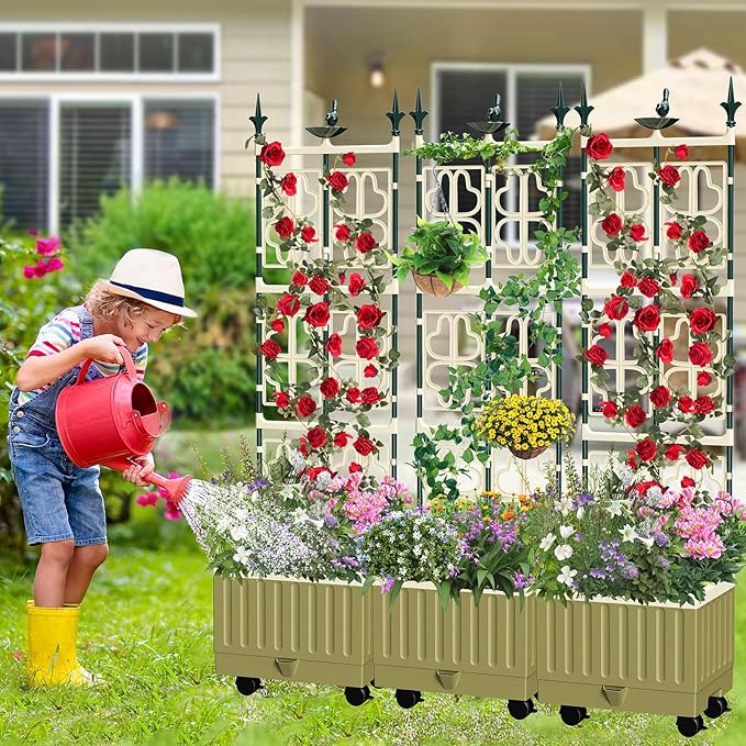 Tomato Planter with Trellis,61.4" Self-Watering Tomato Cage Raised Garden Bed Planter Box with Trellis & Wheels for Climbing Plants Vegetable Vine Flowers
