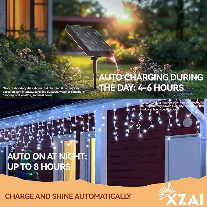 XZAI Solar Icicle String Lights 800LED 50FT Cool White Remote Connectable 2400mAh USB Rechargeable 8 Modes Timer Dimmable IP65 Waterproof Twinkle for Outdoor Christmas & Wedding & Party Decors