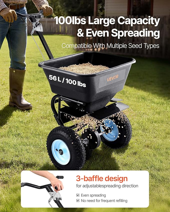 VEVOR Broadcast Spreader, 100LBS4Capacity, Walk-Behind Push Spreader, 0-9.8ft Spreading Width, 13 in All Terrain Pneumatic Tires, Lawn Spreaders with Hopper Grate, for Seed, Fertilizer, Salt, Ice Melt