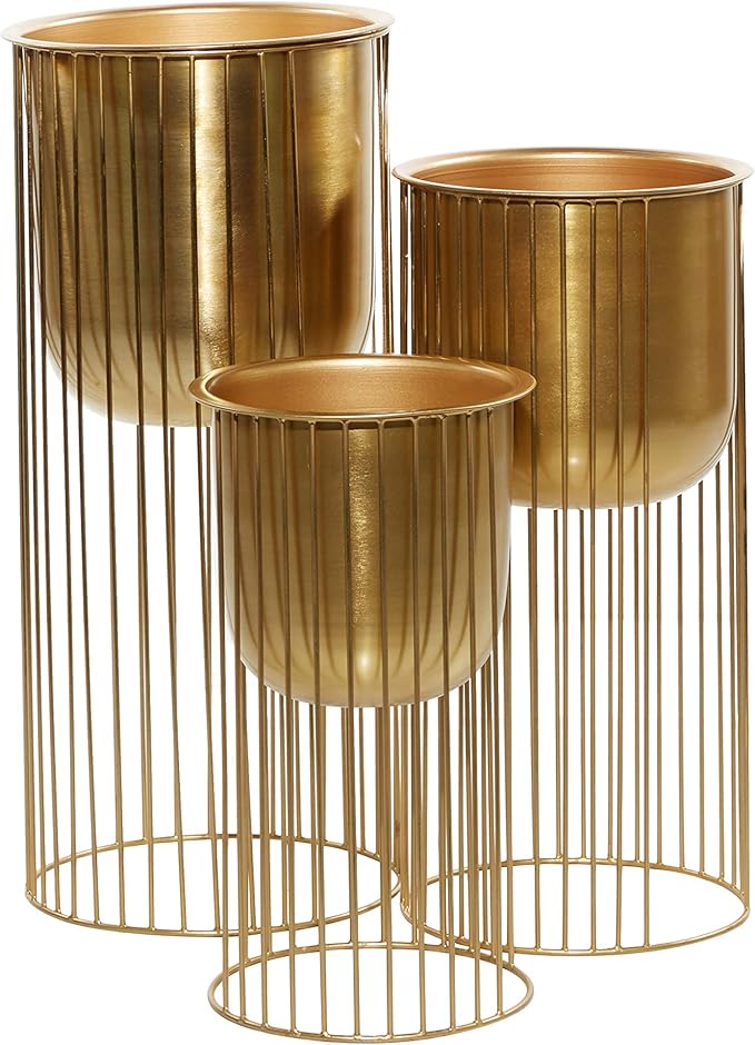 Deco 79 Metal Indoor Outdoor Planter Deep Recessed Dome Large Planter Pot with Elevated Caged Stand, Set of 3 Planters 24", 20", 16"H, Gold