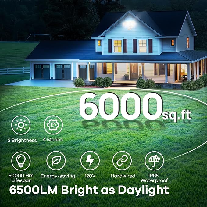 OREiN 6500LM/42W Flood Lights Outdoor, 180°/75FT Motion Sensor Outdoor Lights 4 Modes Dimmable Dusk to Dawn Floodlights IP65 Waterproof for 6000SQ.FT Area for Big Patio, Driveway, White (Hardwired)