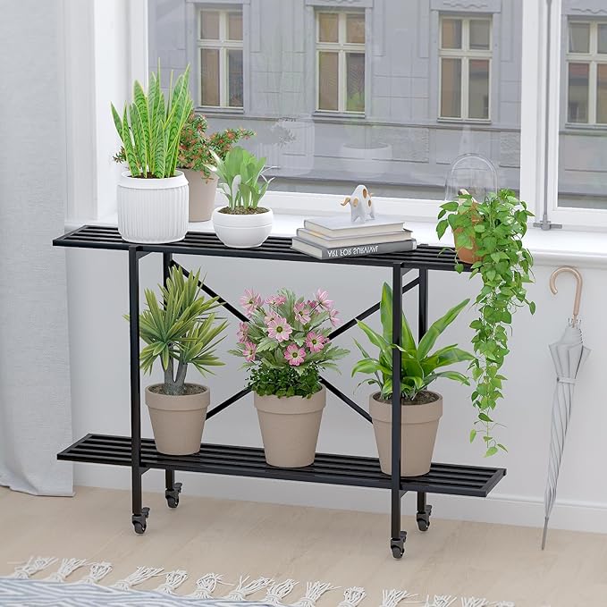 Zhongma 2 Tier Metal Sturdy Narrow Plant Stand with Wheels, Plant Stand Indoor and Outdoor, L45.67 x W10.3 x H29.9 inch, 440 LBS Capacity & Heavy Duty Construction.