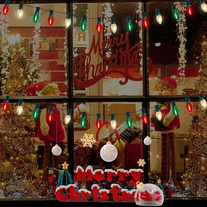 C7 LED Red White and Green Christmas Lights, 25Ft Outdoor Chritsmas String Lights Shatterproof with 27 LED Clear Multicolor Bulbs, Connectable Vintage Christmas Lights for Patio Garden Backyard Decor