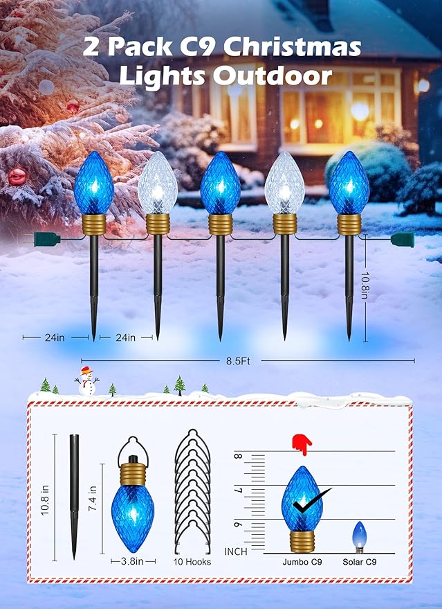 Brightown Strawberry Jumbo C9 Christmas Pathway Lights Outdoor -2 Pack Total 17 Feet 10 LED Jumbo C9 Walkway Lights, Christmas Lights Outdoor Decorations for Lawn Outside Holiday, Blue & Pure White