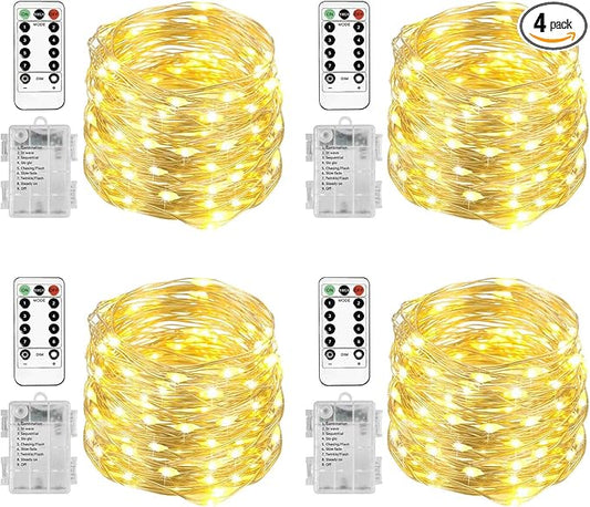 Homemory 4 Pack 20 Ft 60 LED Fairy Lights Battery Operated Christmas Lights with Remote Waterproof 8 Modes Firefly Twinkle String Lights for Party Bedroom Wedding Halloween Decorations