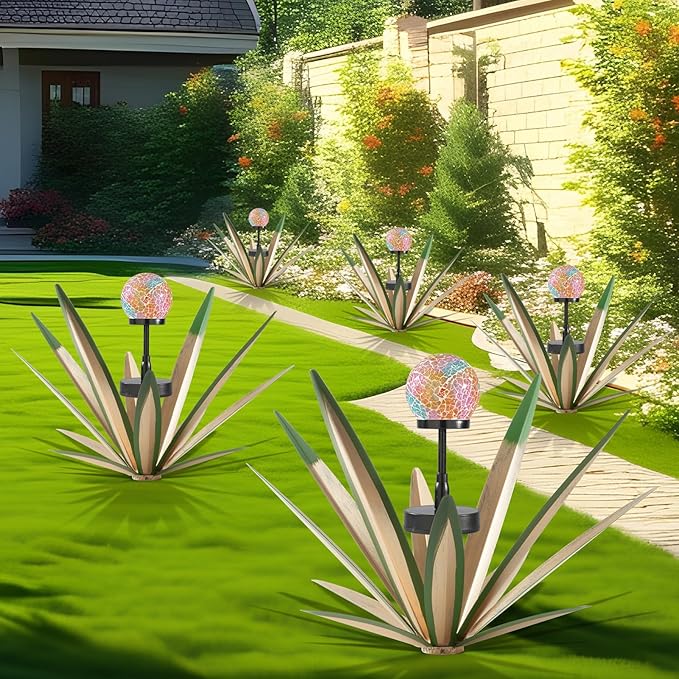 Tequila Rustic Sculpture Metal Yard Decor Hand Painted Metal Agave Garden Statue Green 2PCS