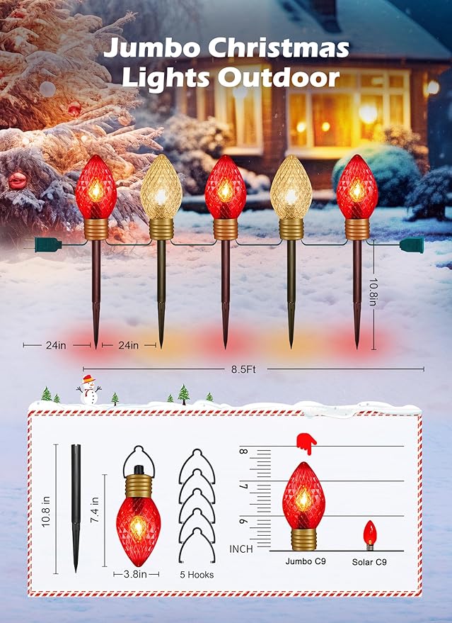 Moonflor Strawberry Jumbo C9 Christmas Pathway Lights Outdoor - 8.5FT 5 LED C9 Walkway Lights Outdoor, Christmas Decoration Outside, Christmas Lights Outdoor for Lawn Holiday Yard, Red & Warm White