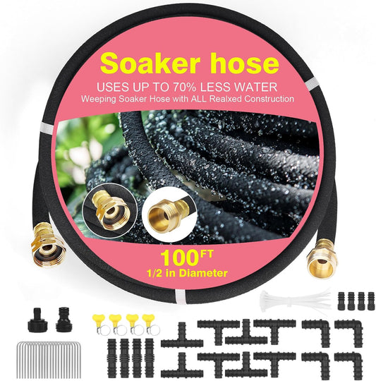 Soaker Hose 100 FT Pro for Garden Beds 1/2 Inch Rubber Longer Lasting Drip Irrigation Save 70% of Water Various Accessories Great for Lawn and Yard