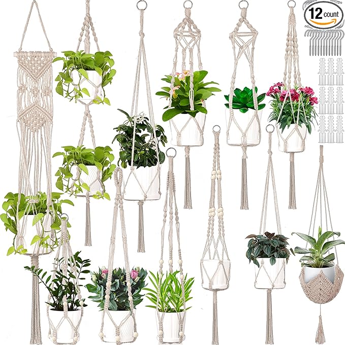 Hoteam 12 Pcs Macrame Plant Hangers Macrame Hanging Planters for Indoor Plants Handmade Boho Hanging Baskets Flower Pots Holder for Outdoor Home Wall Decor
