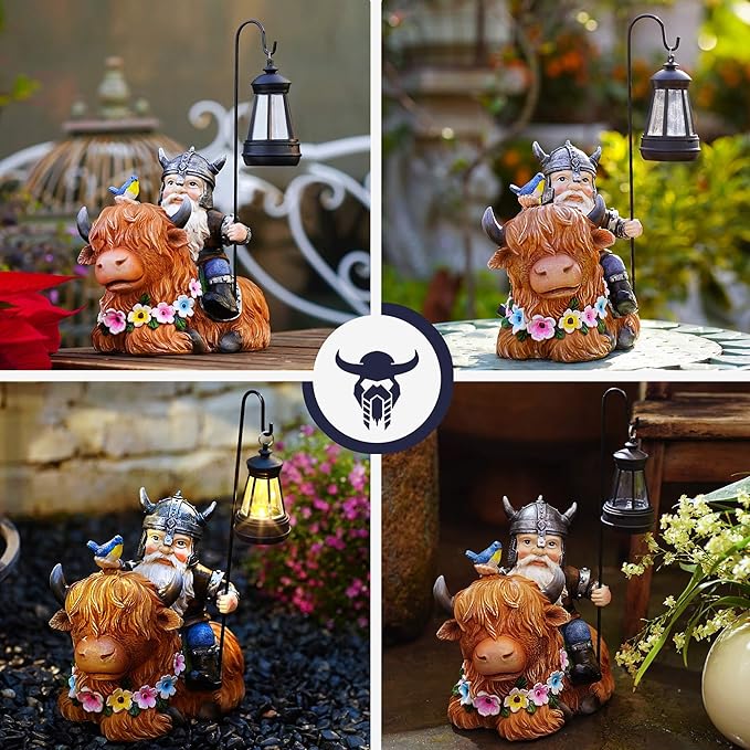 Garden Gnome Outdoor Statue 12 Inch Highland Cow Gnomes Decorations for Yard Patio Lawn Porch Birthday Gifts for Women Men, Mother’s Day, Housewarming with Solar Light Funny Decor for Outside