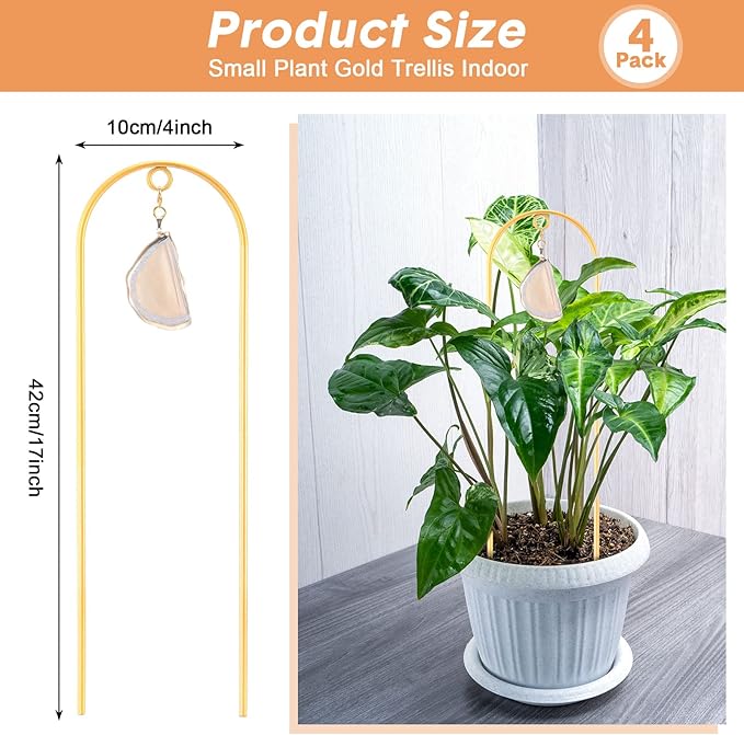 Zopeal 4 Pack Small Metal Plant Trellis Indoor 17 Inch Mini Gold Garden Trellis Potted Plant Support Stake Houseplant Trellis with Agate for Indoor Outdoor Climbing Plants Vine Flower Pot Plant Decor