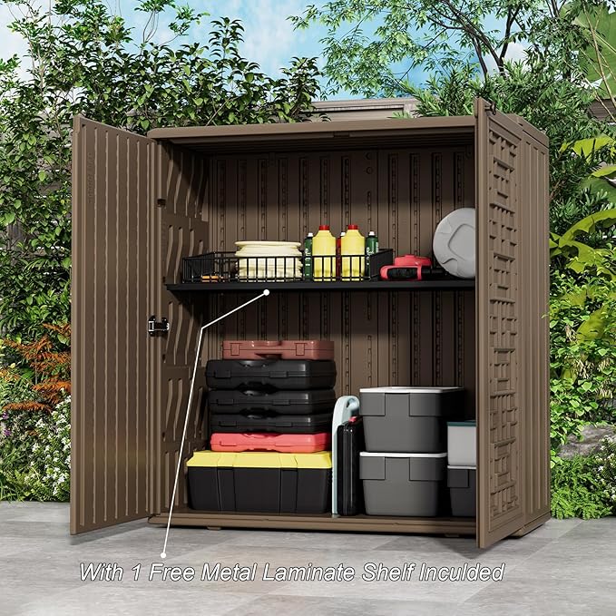 HOMSPARK Indoor/Outdoor Storage Cabinet with Doors and Shelf, 34”x16”x36” HDPE Plastic Storage Box for Bedroom, Bathroom, Living Room, Balcony, Multi-Purpose for Toys, Kitchen Tools, Coffee