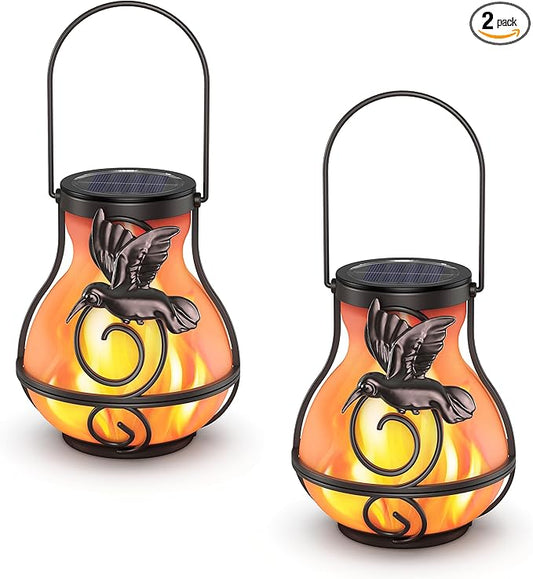 Solar Lights Outdoor Decorative, Hummingbird Flickering Flame Lantern Waterproof, Garden Decor Hanging Lights for Outside Patio Pathway Yard, Christmas Birthday Gifts, 2 Pack