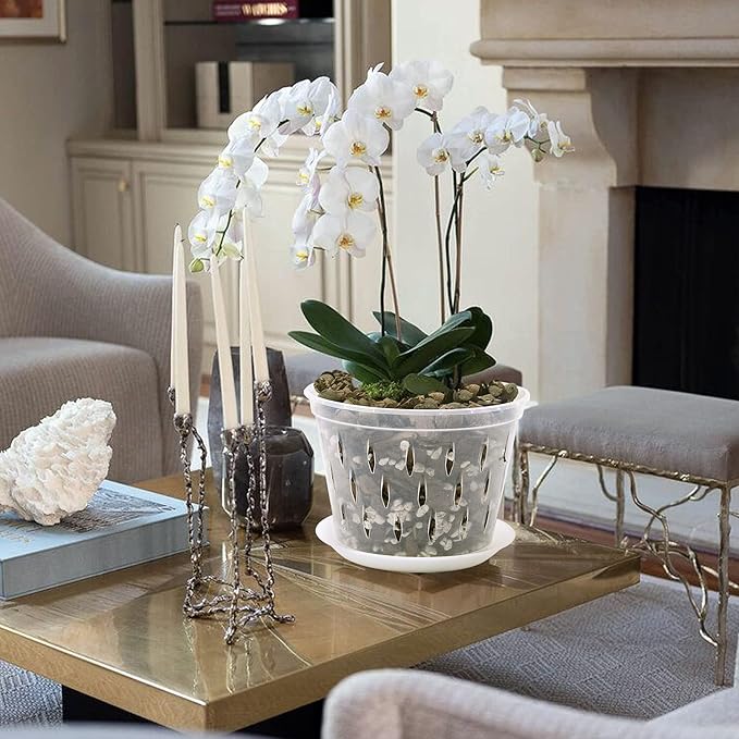 Orchid Pot, 8 Inch 4 Pack Orchid Pots with Holes and Saucers, Clear Plastic Orchid Pots